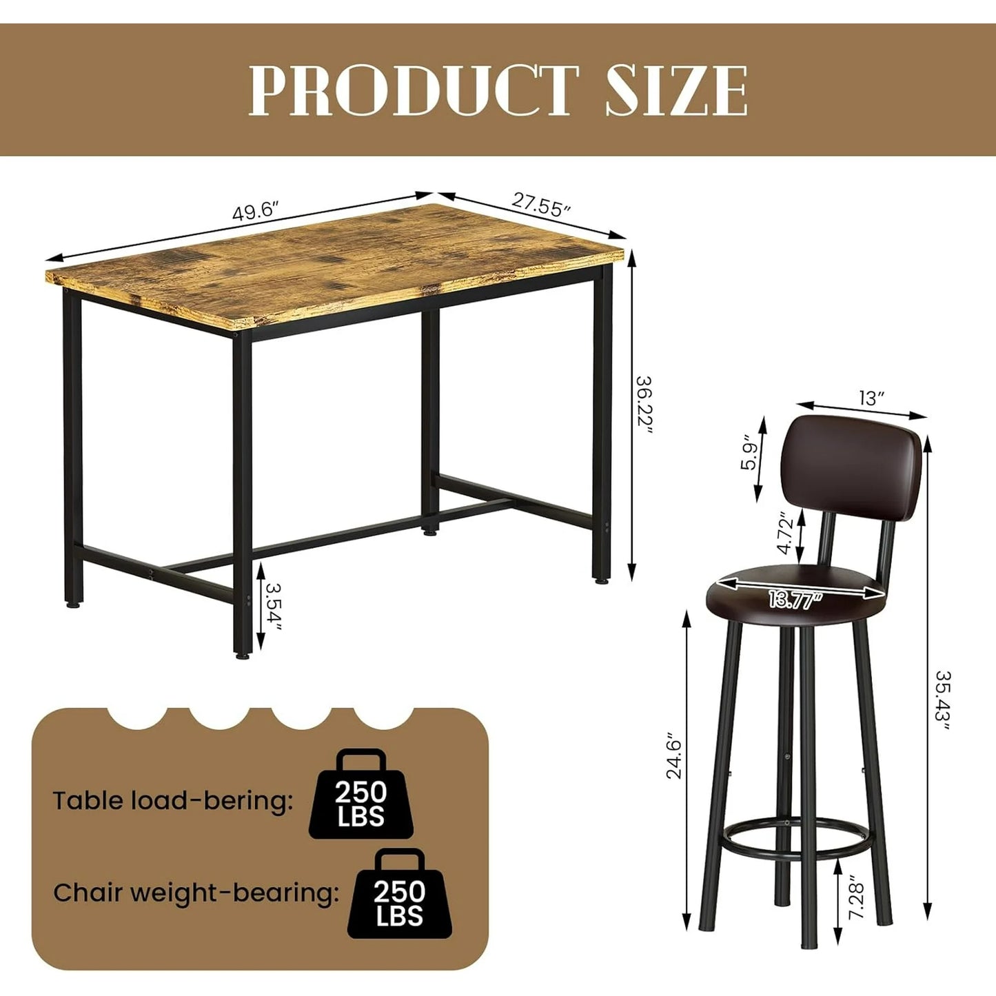 Hmlinktt 7-Piece Dining Table Set for 6, 50" Wood High-Dining Bistro Set with 6 Backrest Cushion Stools, Saving Space Pub and Chairs Sets for Bar, Kitchen, Brown