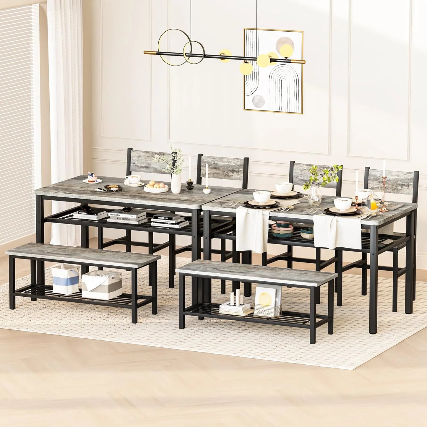 Hmlinktt 4 Pieces Kitchen Table and Chairs Set for 4, 43 inch Dining Sets with Benches and Storage Rack for Small Spaces, Breakfast Nook, Apartment, Grey