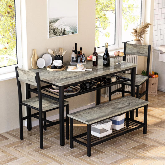 Hmlinktt 4 Pieces Kitchen Table and Chairs Set for 4, 43 inch Dining Sets with Benches and Storage Rack for Small Spaces, Breakfast Nook, Apartment, Grey