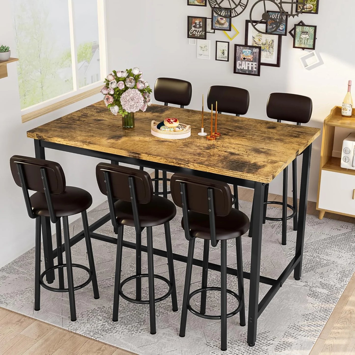 Hmlinktt 7-Piece Dining Table Set for 6, 50" Wood High-Dining Bistro Set with 6 Backrest Cushion Stools, Saving Space Pub and Chairs Sets for Bar, Kitchen, Brown