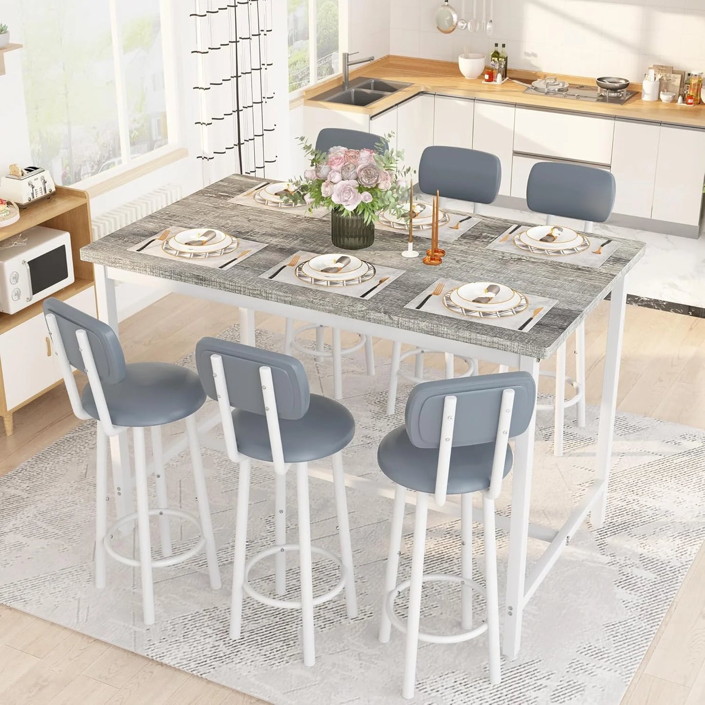 Hmlinktt 7-Piece Dining Table Set for 6, 50" Wood High-Dining Bistro Set with 6 Backrest Cushion Stools, Saving Space Pub and Chairs Sets for Bar, Kitchen, Brown