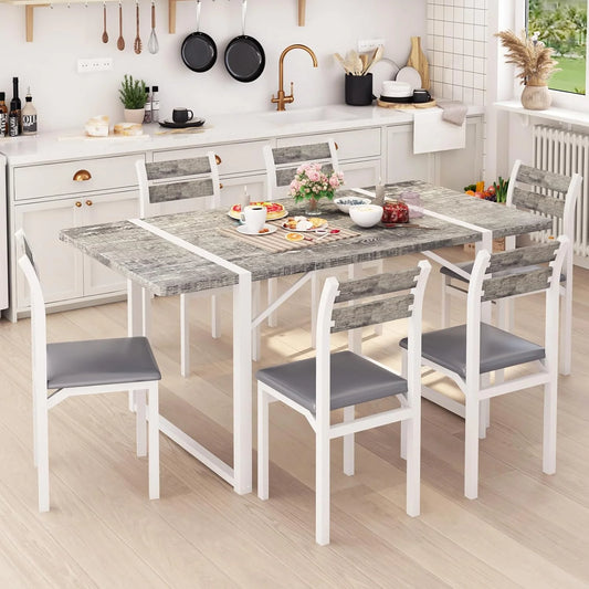 Hmlinktt 7 Pieces Dinner Table Set for 6, 55“Farmhouse Faux Wood Kitchen Table Chairs Set of 7 Metal Frame, Apartment, Rustic Brown