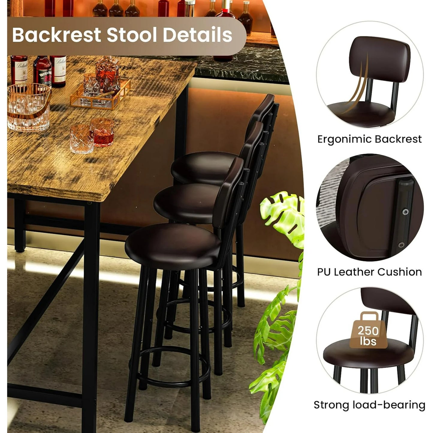 Hmlinktt 7-Piece Dining Table Set for 6, 50" Wood High-Dining Bistro Set with 6 Backrest Cushion Stools, Saving Space Pub and Chairs Sets for Bar, Kitchen, Brown