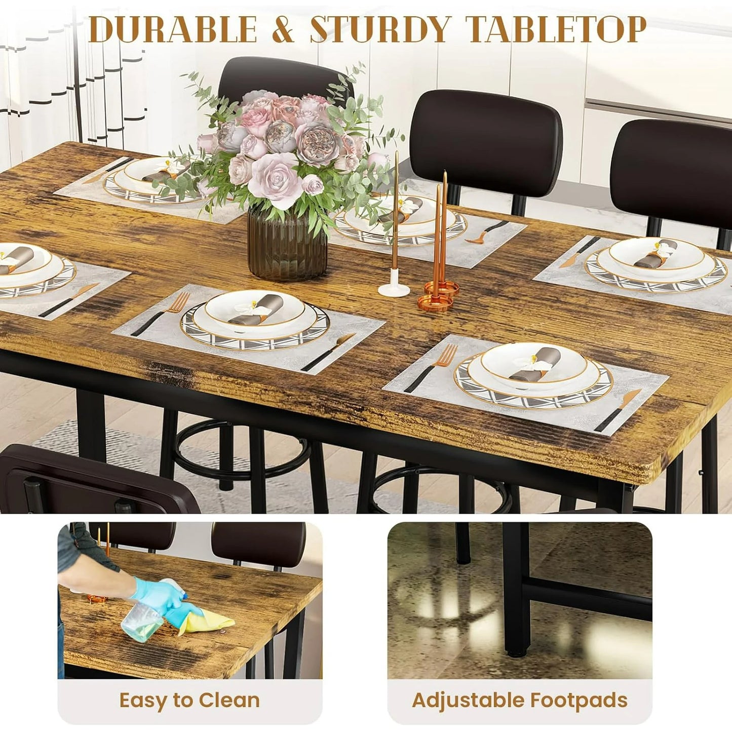 Hmlinktt 7-Piece Dining Table Set for 6, 50" Wood High-Dining Bistro Set with 6 Backrest Cushion Stools, Saving Space Pub and Chairs Sets for Bar, Kitchen, Brown
