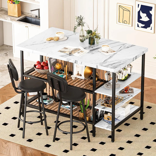 Hmlinktt Kitchen Island with Storage Dining Table for 2 with 5 Shelves Faux Marble Kitchen Table, Space Saving Dinner Table for 2 for Apartment, White