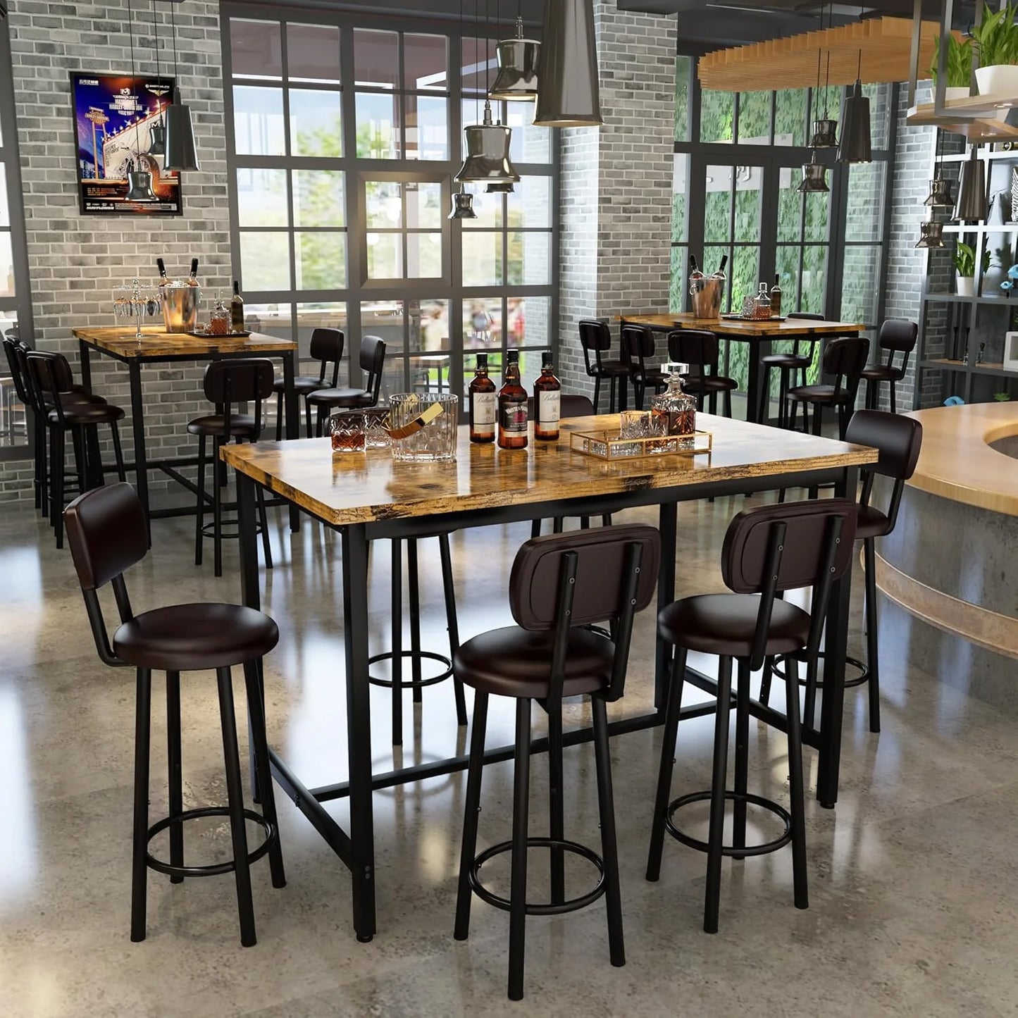 Hmlinktt 7-Piece Dining Table Set for 6, 50" Wood High-Dining Bistro Set with 6 Backrest Cushion Stools, Saving Space Pub and Chairs Sets for Bar, Kitchen, Brown