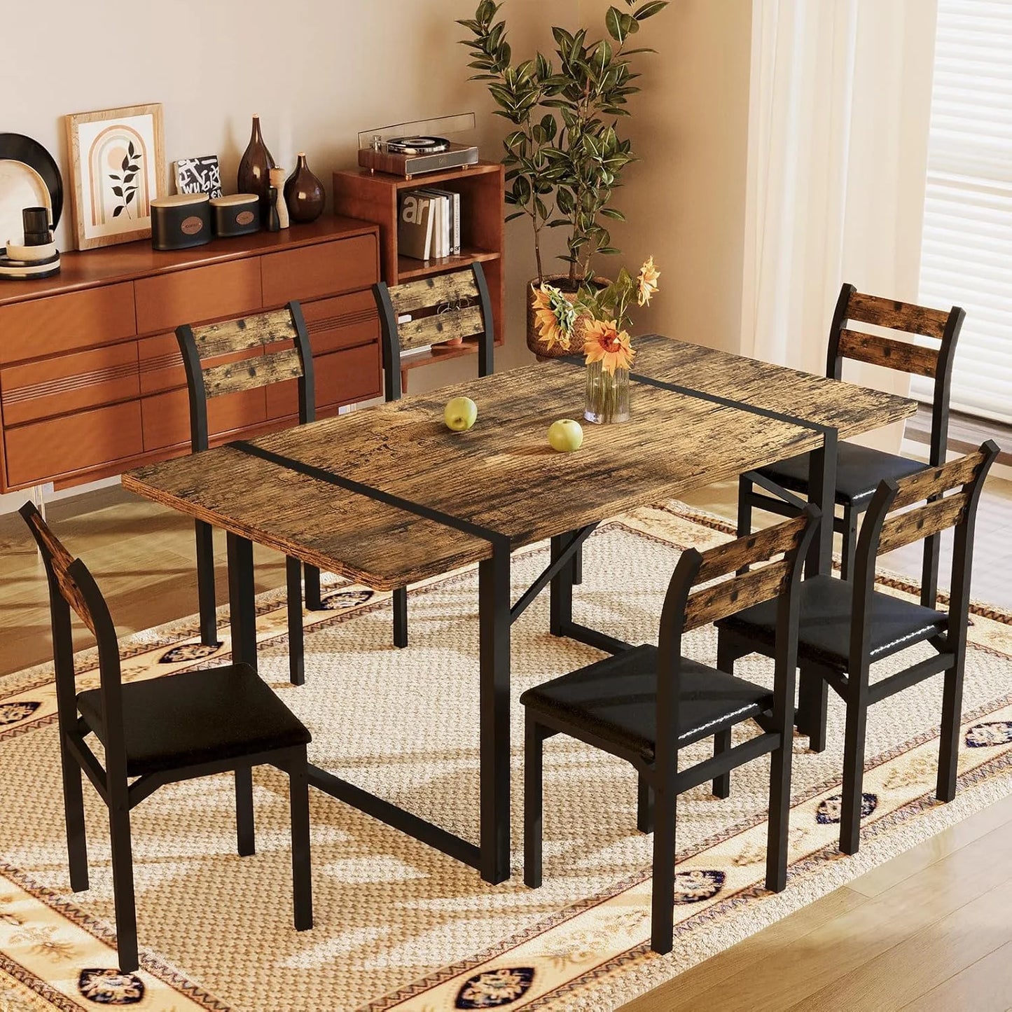 Hmlinktt 7 Pieces Dinner Table Set for 6, 55“Farmhouse Faux Wood Kitchen Table Chairs Set of 7 Metal Frame, Apartment, Rustic Brown