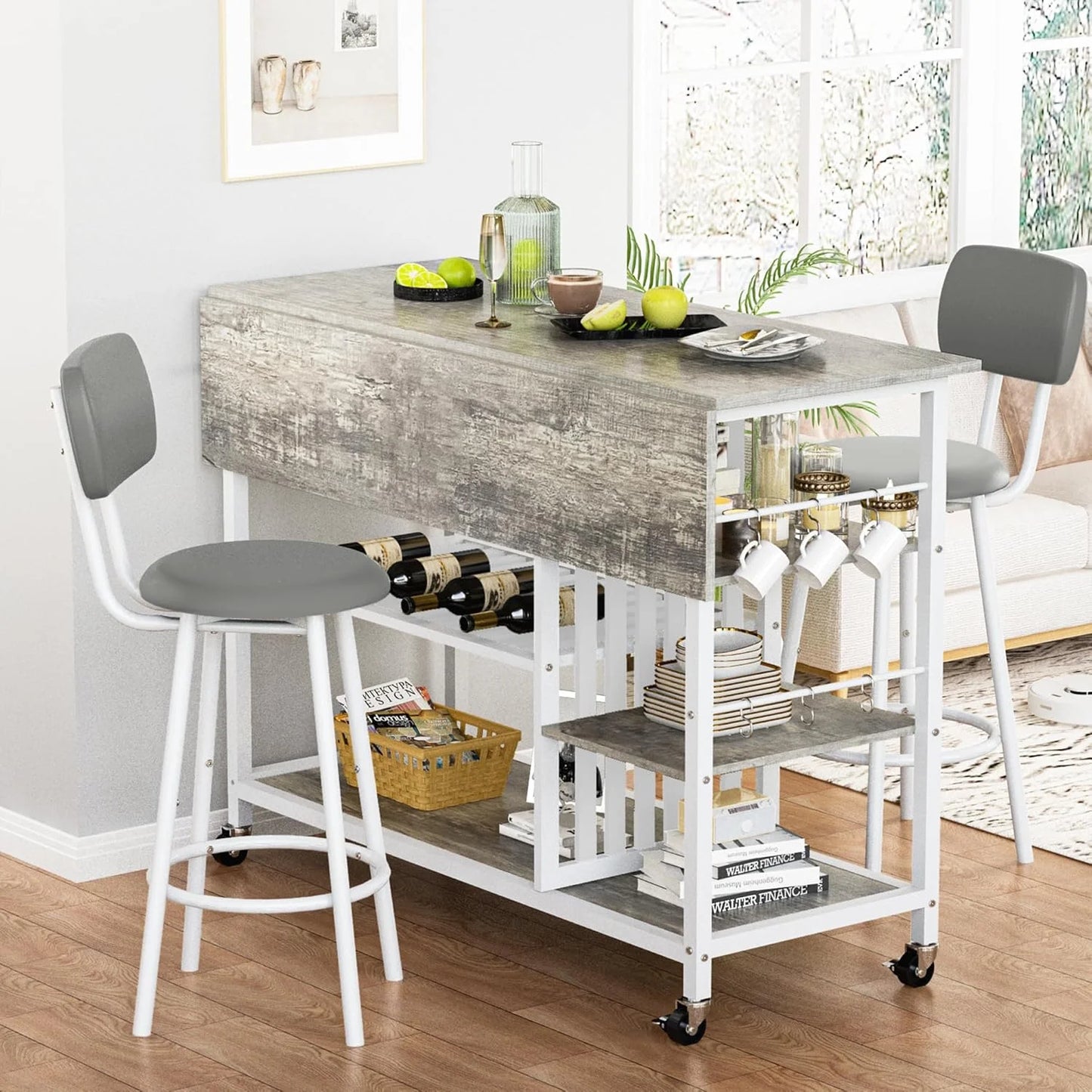 Hmlinktt Kitchen Island with Storage Dining Table for 2 with 5 Shelves Faux Marble Kitchen Table, Space Saving Dinner Table for 2 for Apartment, White