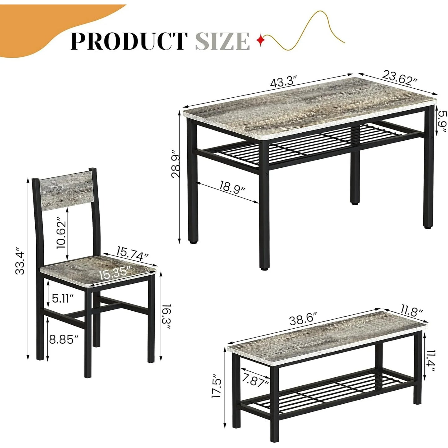 Hmlinktt 4 Pieces Kitchen Table and Chairs Set for 4, 43 inch Dining Sets with Benches and Storage Rack for Small Spaces, Breakfast Nook, Apartment, Grey