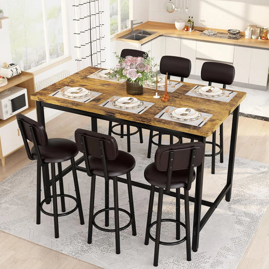 Hmlinktt 7-Piece Dining Table Set for 6, 50" Wood High-Dining Bistro Set with 6 Backrest Cushion Stools, Saving Space Pub and Chairs Sets for Bar, Kitchen, Brown