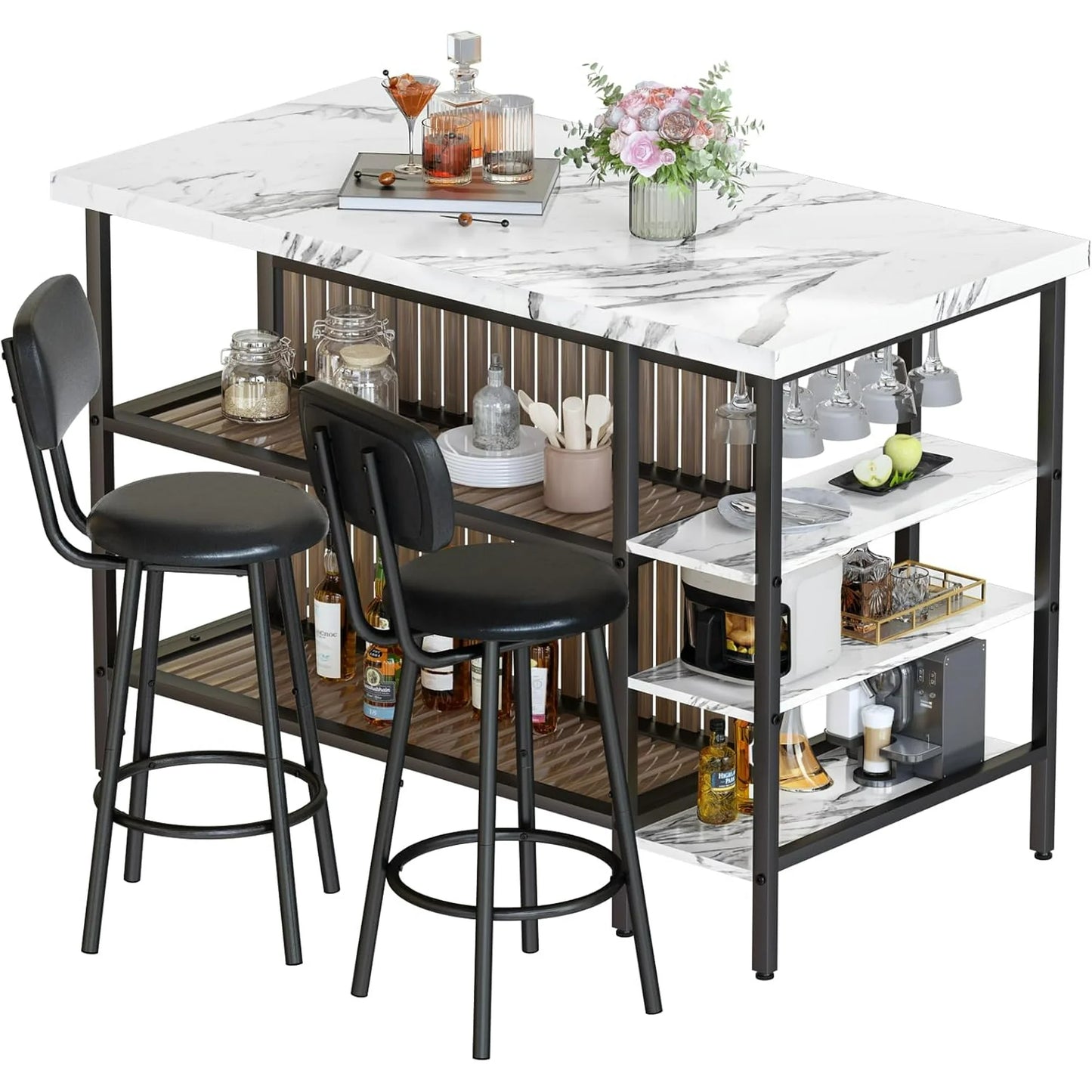Hmlinktt Kitchen Island with Storage Dining Table for 2 with 5 Shelves Faux Marble Kitchen Table, Space Saving Dinner Table for 2 for Apartment, White