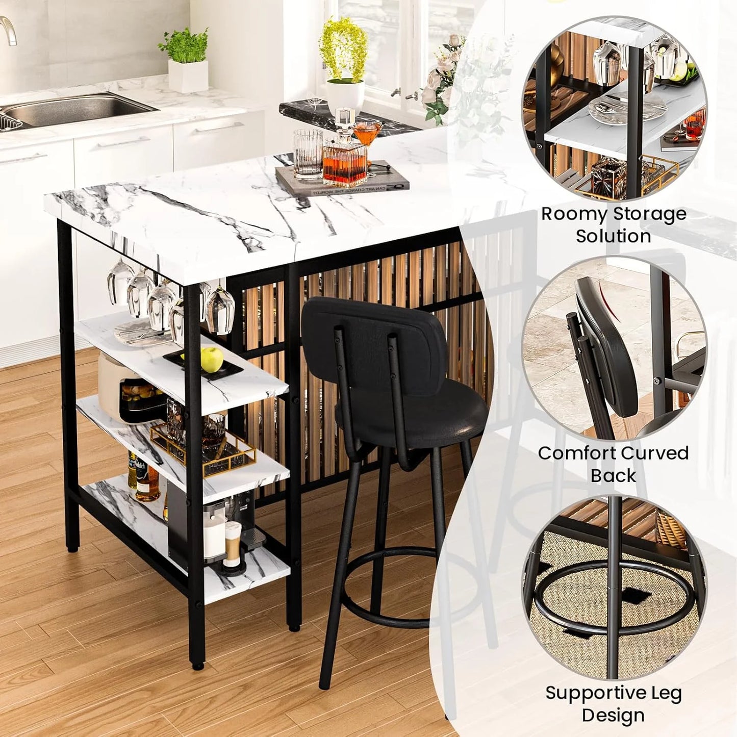 Hmlinktt Kitchen Island with Storage Dining Table for 2 with 5 Shelves Faux Marble Kitchen Table, Space Saving Dinner Table for 2 for Apartment, White
