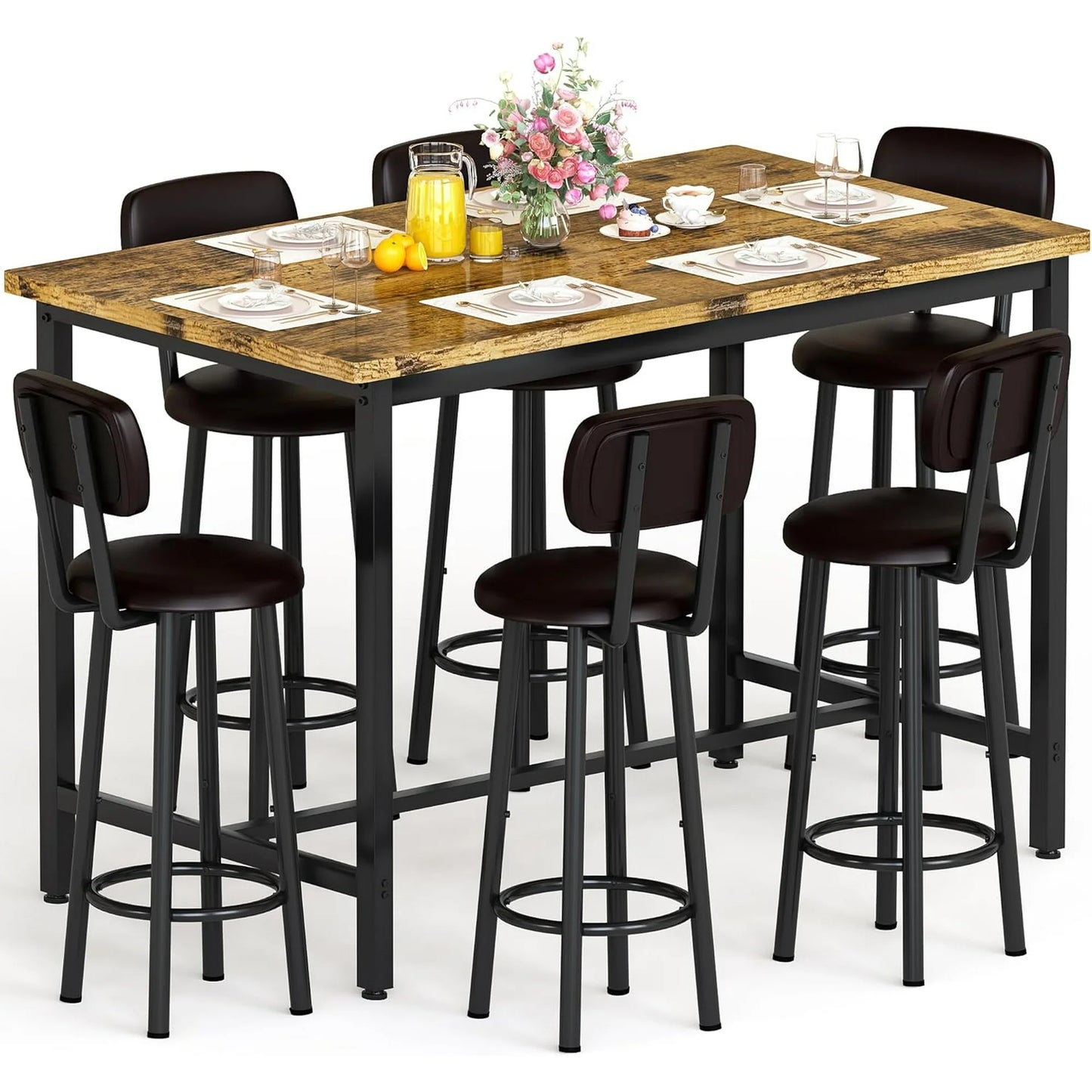 Hmlinktt 7-Piece Dining Table Set for 6, 50" Wood High-Dining Bistro Set with 6 Backrest Cushion Stools, Saving Space Pub and Chairs Sets for Bar, Kitchen, Brown