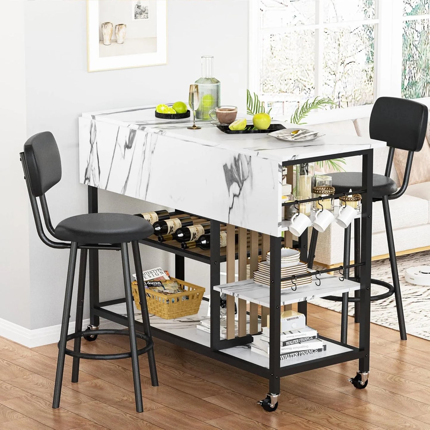 Hmlinktt Kitchen Island with Storage Dining Table for 2 with 5 Shelves Faux Marble Kitchen Table, Space Saving Dinner Table for 2 for Apartment, White
