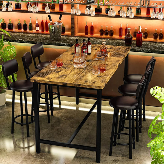 Hmlinktt 7-Piece Dining Table Set for 6, 50" Wood High-Dining Bistro Set with 6 Backrest Cushion Stools, Saving Space Pub and Chairs Sets for Bar, Kitchen, Brown