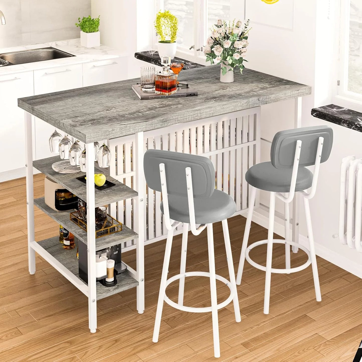 Hmlinktt Kitchen Island with Storage Dining Table for 2 with 5 Shelves Faux Marble Kitchen Table, Space Saving Dinner Table for 2 for Apartment, White