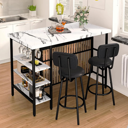 Hmlinktt Kitchen Island with Storage Dining Table for 2 with 5 Shelves Faux Marble Kitchen Table, Space Saving Dinner Table for 2 for Apartment, White