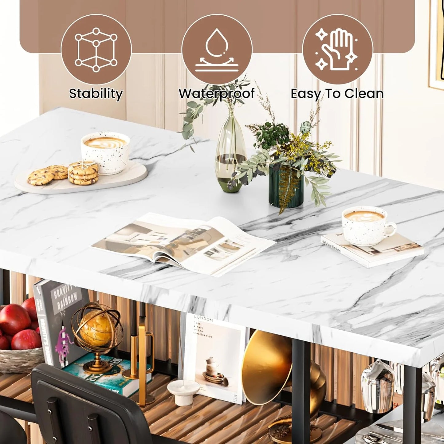 Hmlinktt Kitchen Island with Storage Dining Table for 2 with 5 Shelves Faux Marble Kitchen Table, Space Saving Dinner Table for 2 for Apartment, White