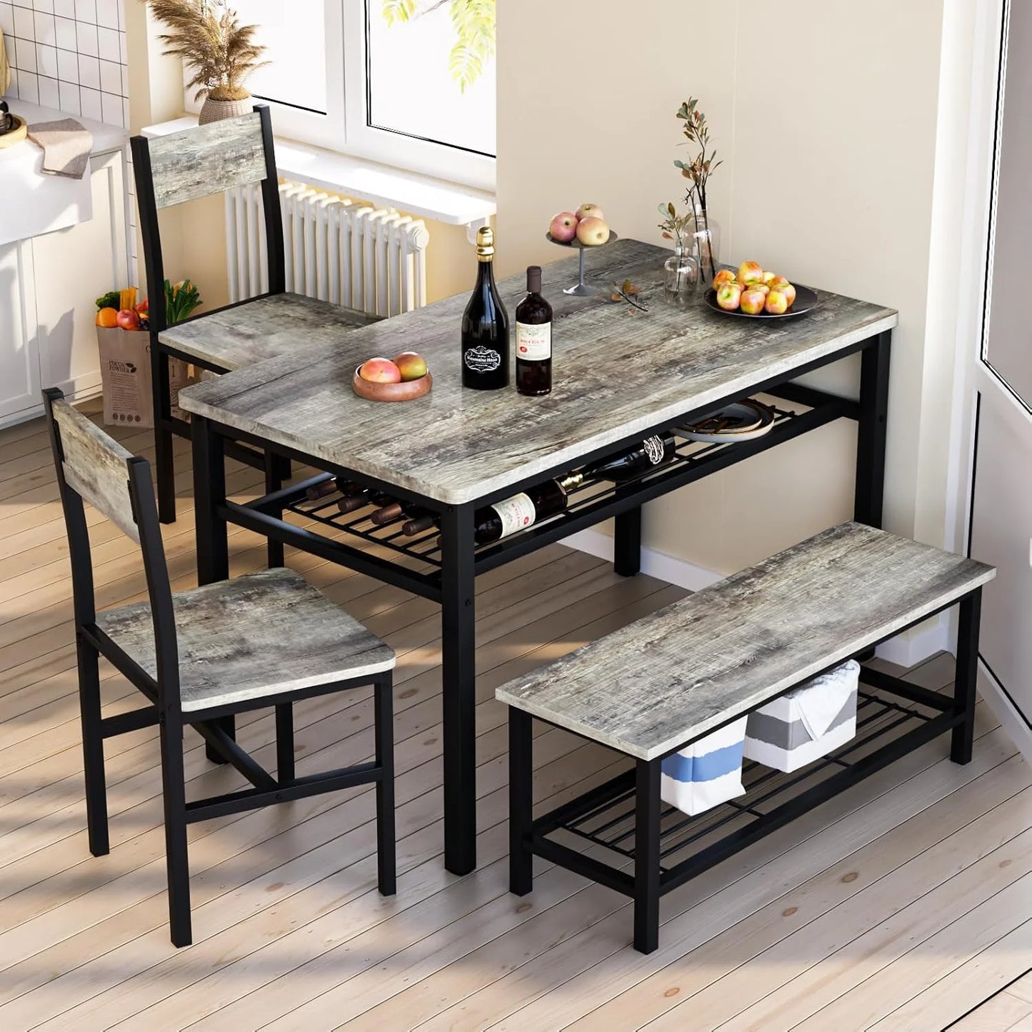 Hmlinktt 4 Pieces Kitchen Table and Chairs Set for 4, 43 inch Dining Sets with Benches and Storage Rack for Small Spaces, Breakfast Nook, Apartment, Grey